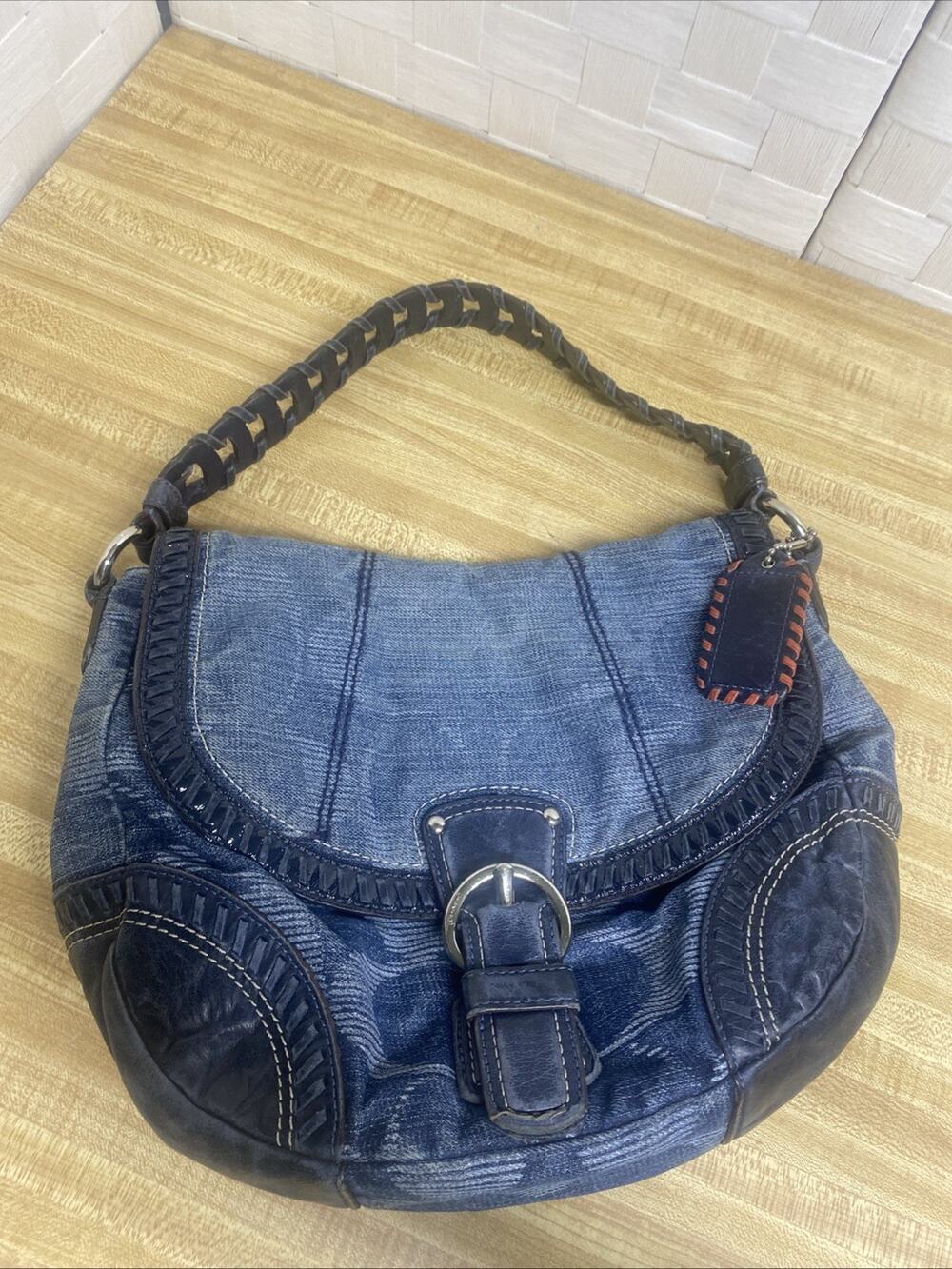 2011 Coach Signature Poppy Hobo Blue Denim Shoulder Bag Purse Braided Handle